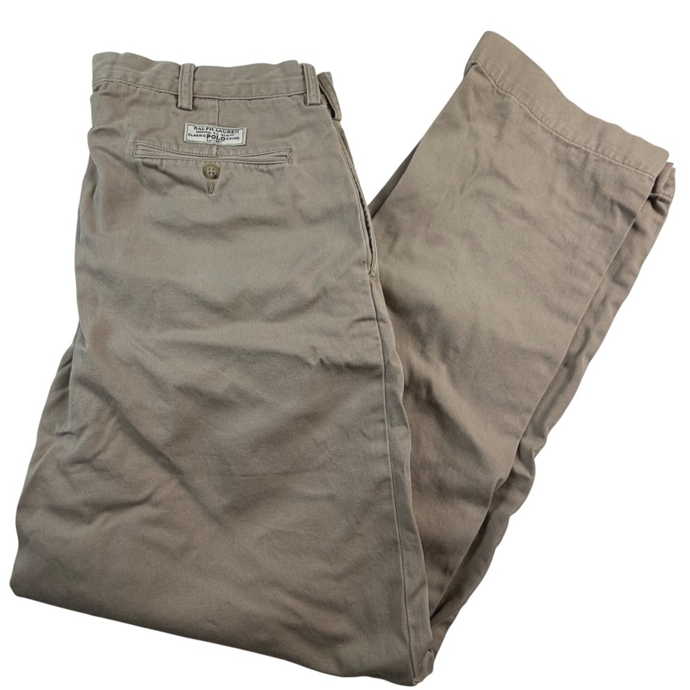 Polo Ralph Lauren Andrew Pant Mens 34x32 Tan Khaki Pleated Chino Cotton Straight